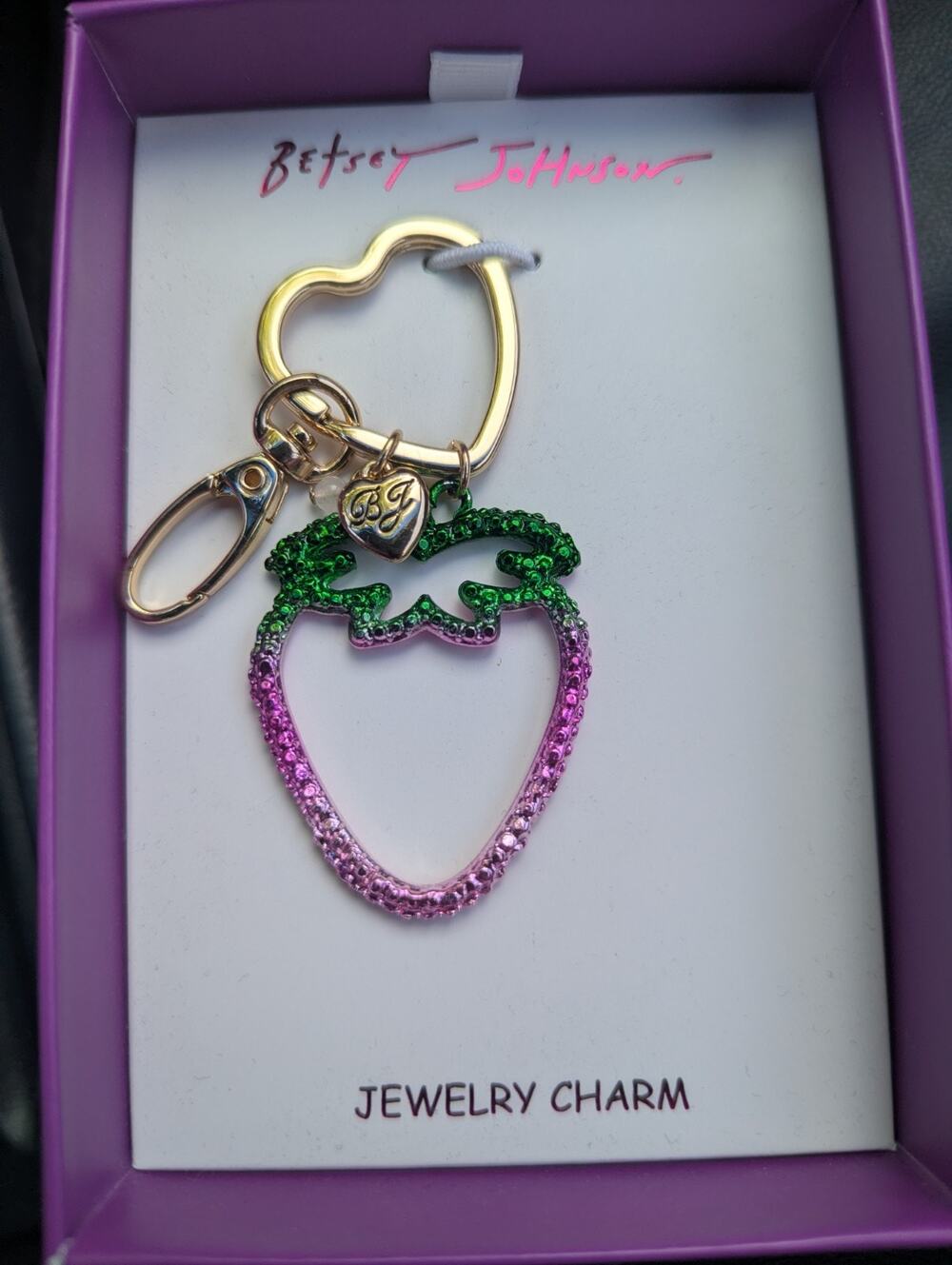 Betsey Johnson Green & Pink Ombre Open Frame Strawberry Bag Charm Key Ring NEW